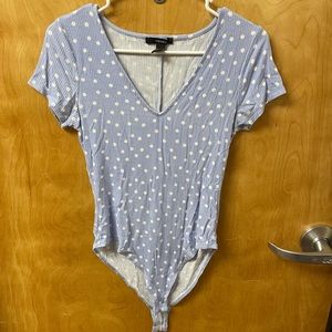 Forever 21 Blue and White Polka Dot Short Sleeve Bodysuit